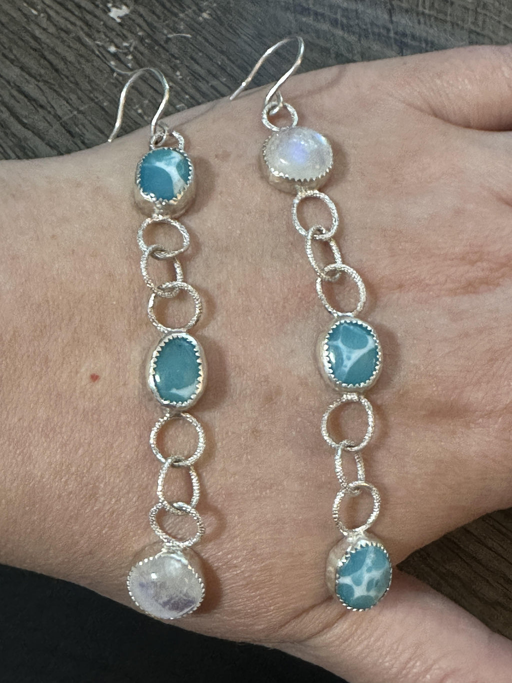 Dangle Sterling Silver Larimar and Rainbow Moonstone Earrings | Handcrafted | Ocean Stone | Healing Crystal Jewelry for grounding wisdom and emotional clarity.
