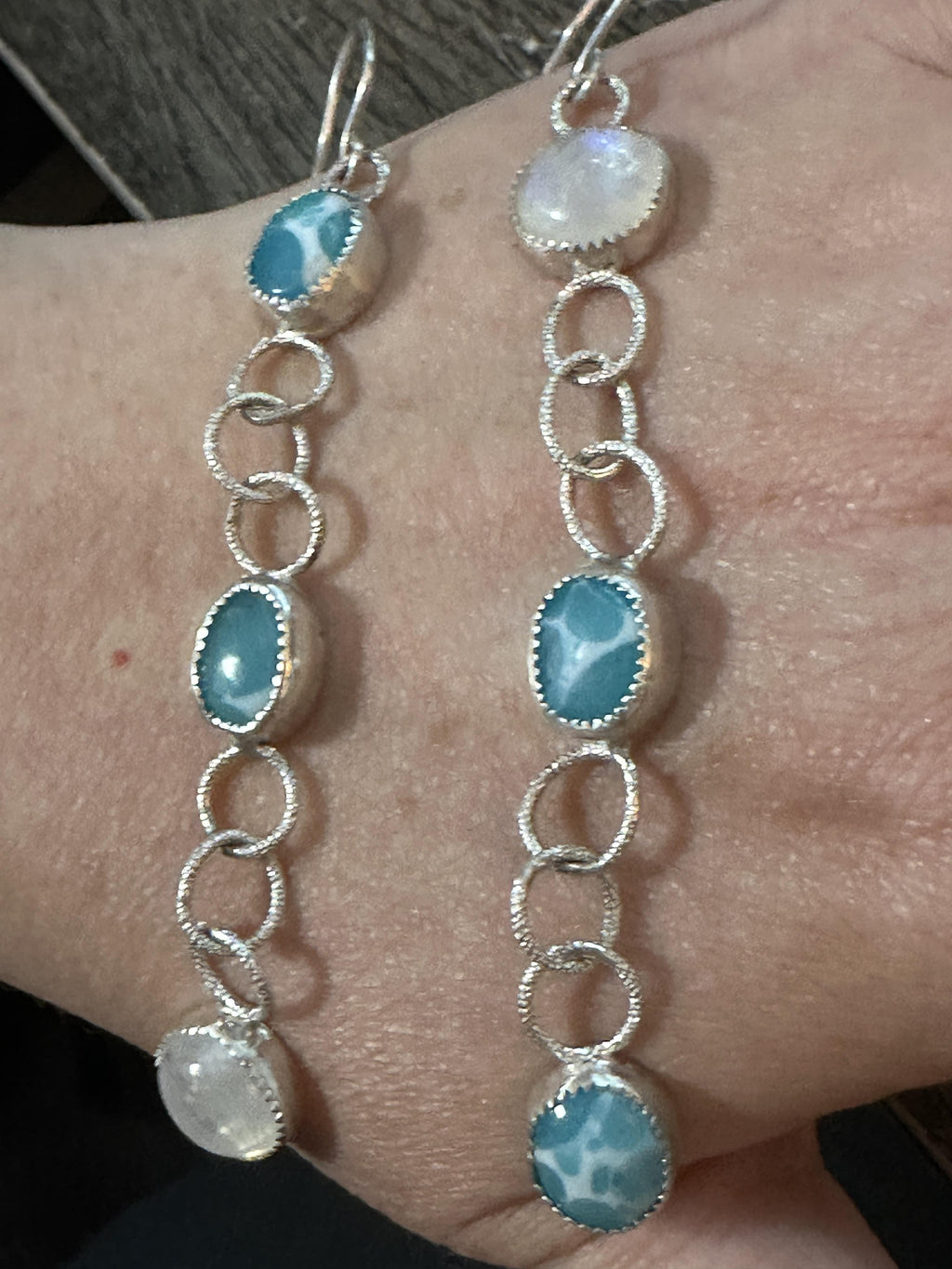 Dangle Sterling Silver Larimar and Rainbow Moonstone Earrings | Handcrafted | Ocean Stone | Healing Crystal Jewelry for grounding wisdom and emotional clarity.