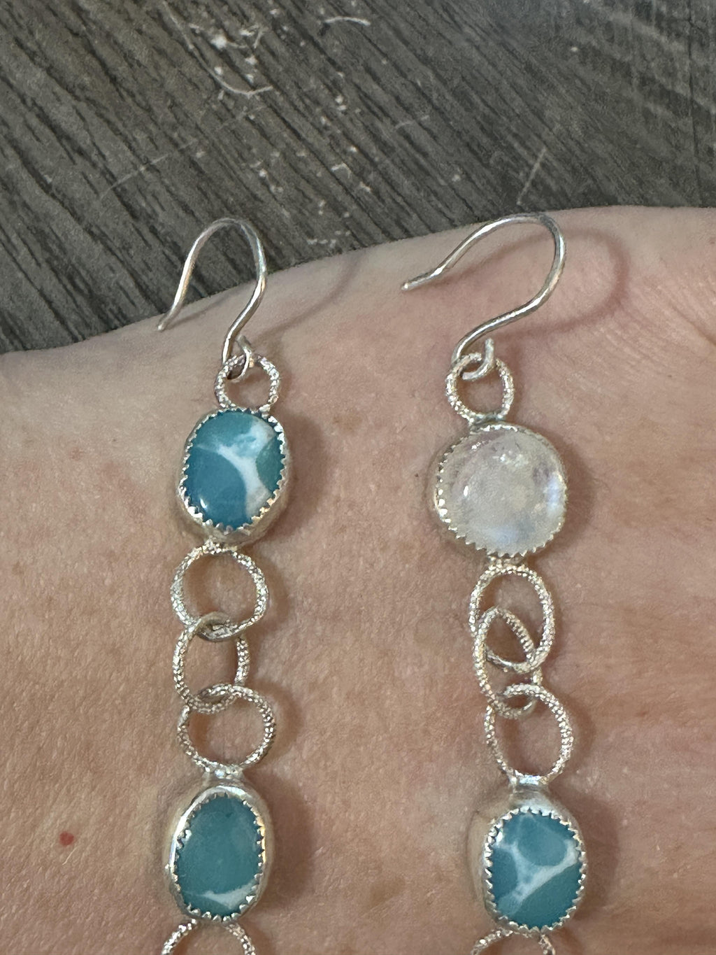 Dangle Sterling Silver Larimar and Rainbow Moonstone Earrings | Handcrafted | Ocean Stone | Healing Crystal Jewelry for grounding wisdom and emotional clarity.