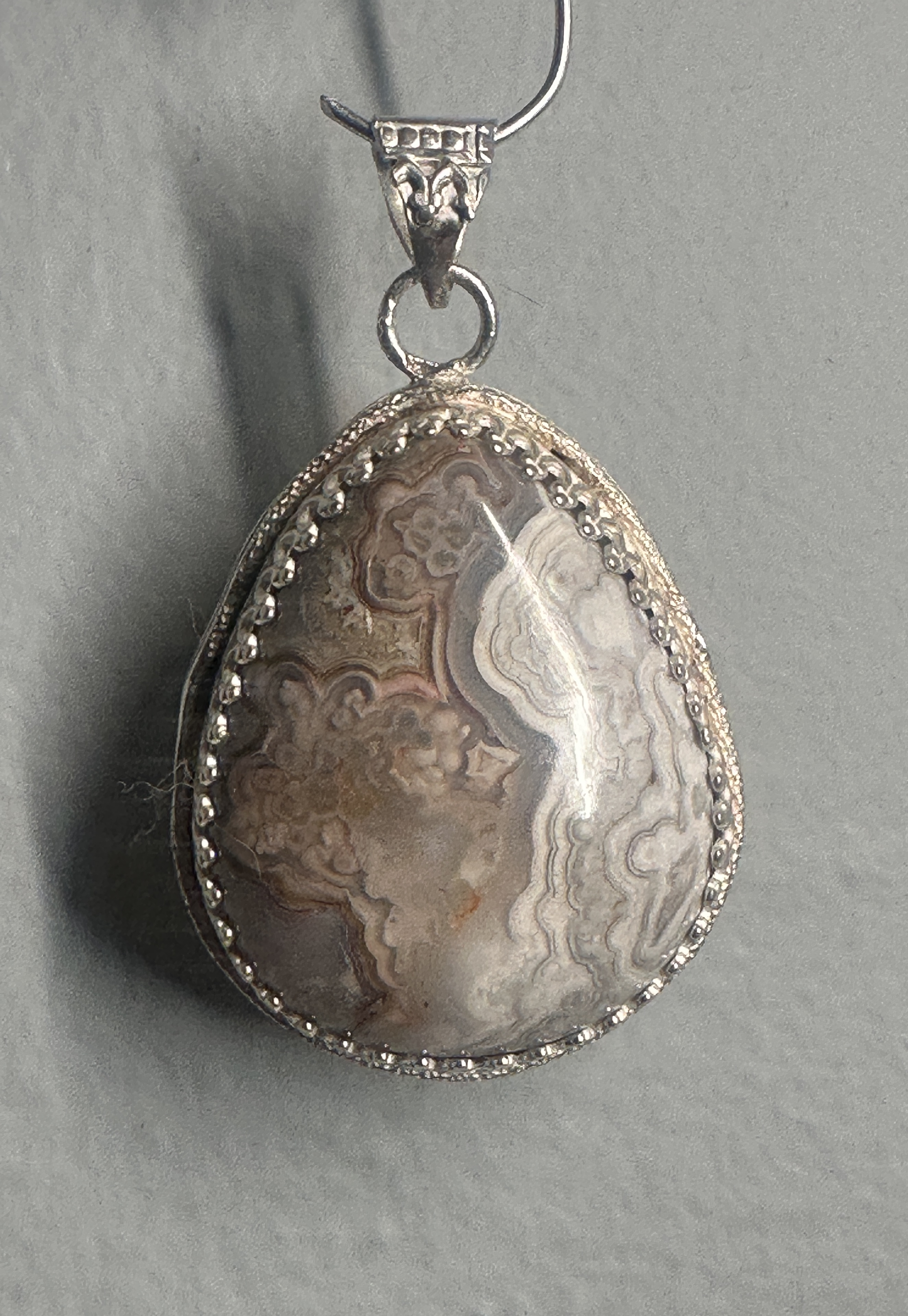 Crazy Lace Agate Pear Shaped Pendant with Elegant Sterling Silver Adornments, Artisan One-of-a-kind to promote joy and help with anxiety