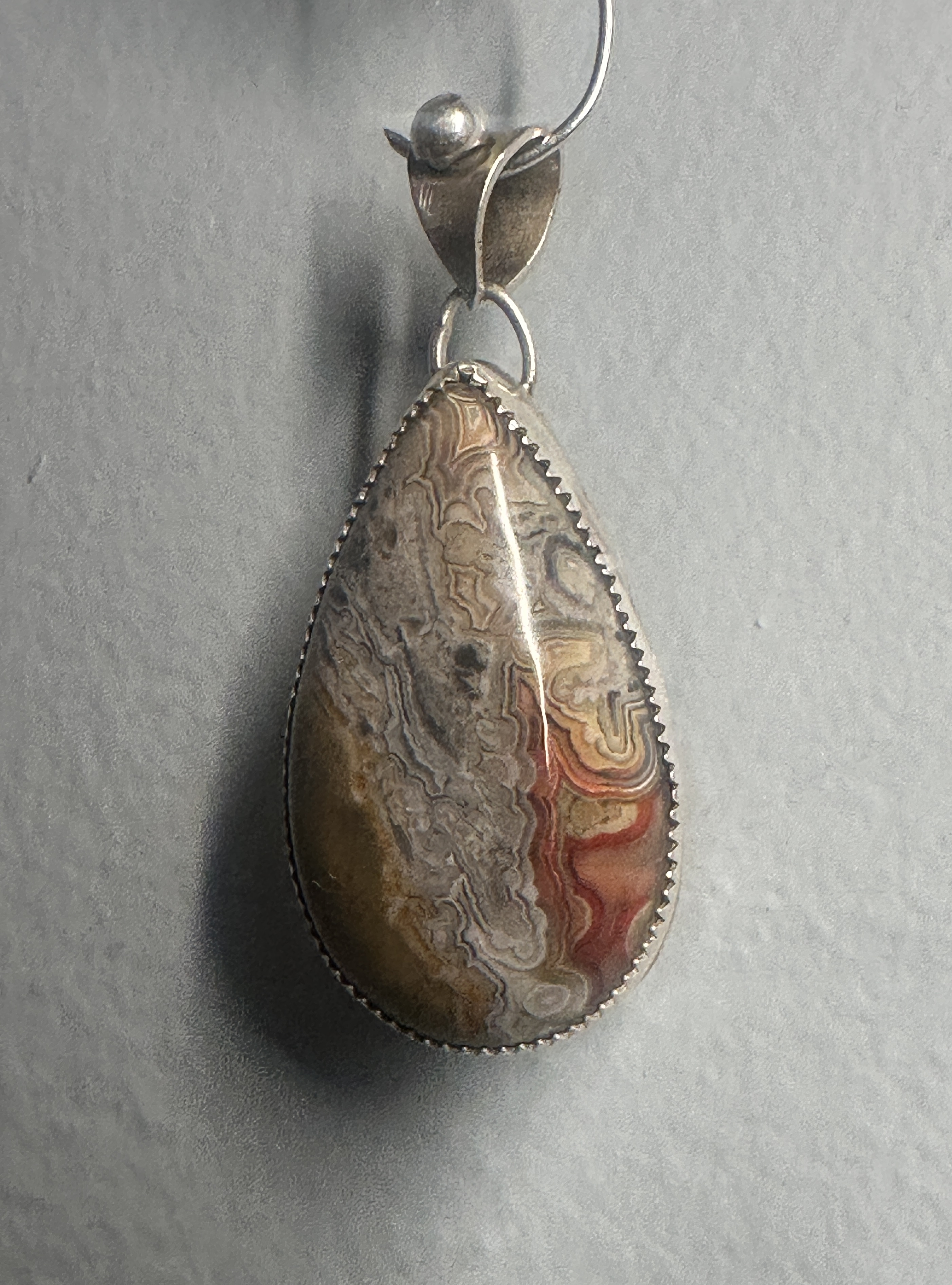 Crazy Lace Teardrop shape agate in Sterling Silver - Artisan handmade to promote joy and help with anxiety