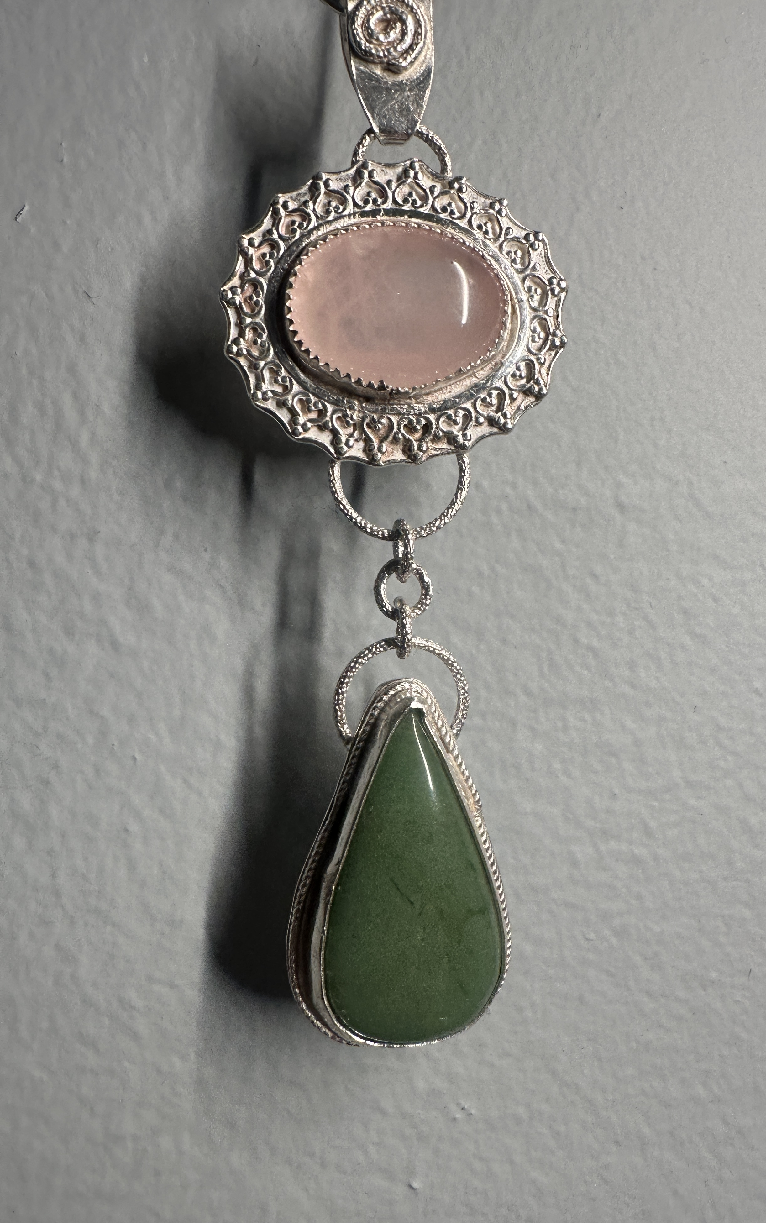 Rose Quartz & Green Jade Flower Dangle Pendant in Sterling & Fine Silver for love, harmony and good fortune.