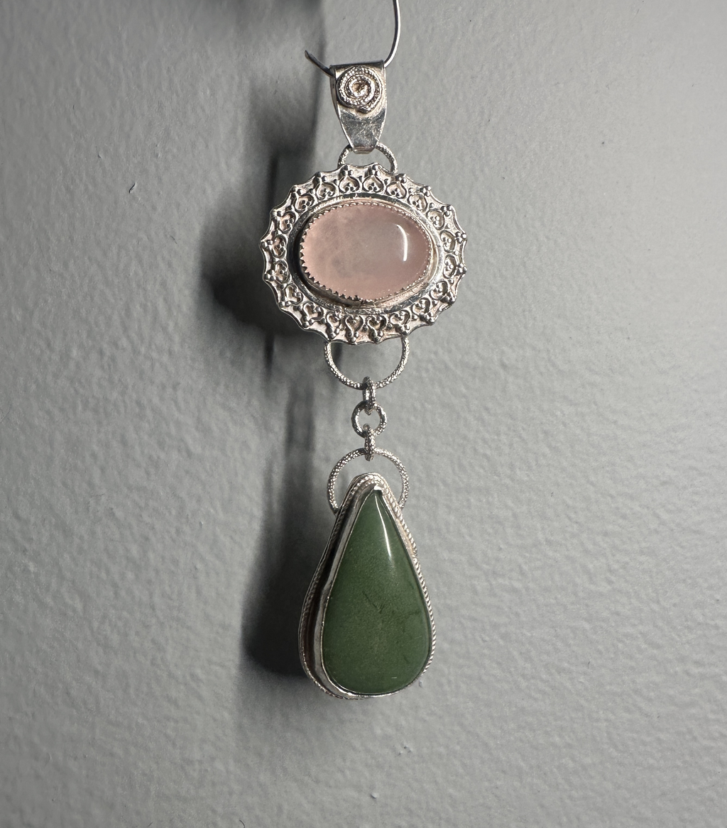 Rose Quartz & Green Jade Flower Dangle Pendant in Sterling & Fine Silver for love, harmony and good fortune.