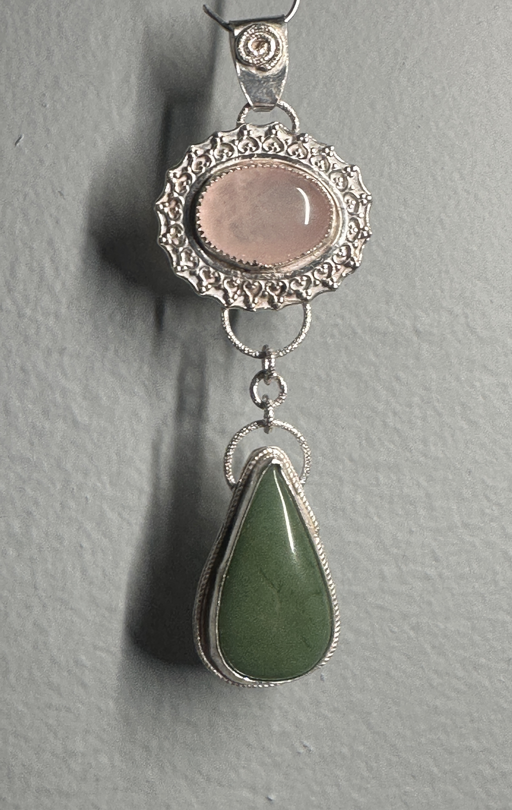 Rose Quartz & Green Jade Flower Dangle Pendant in Sterling & Fine Silver for love, harmony and good fortune.