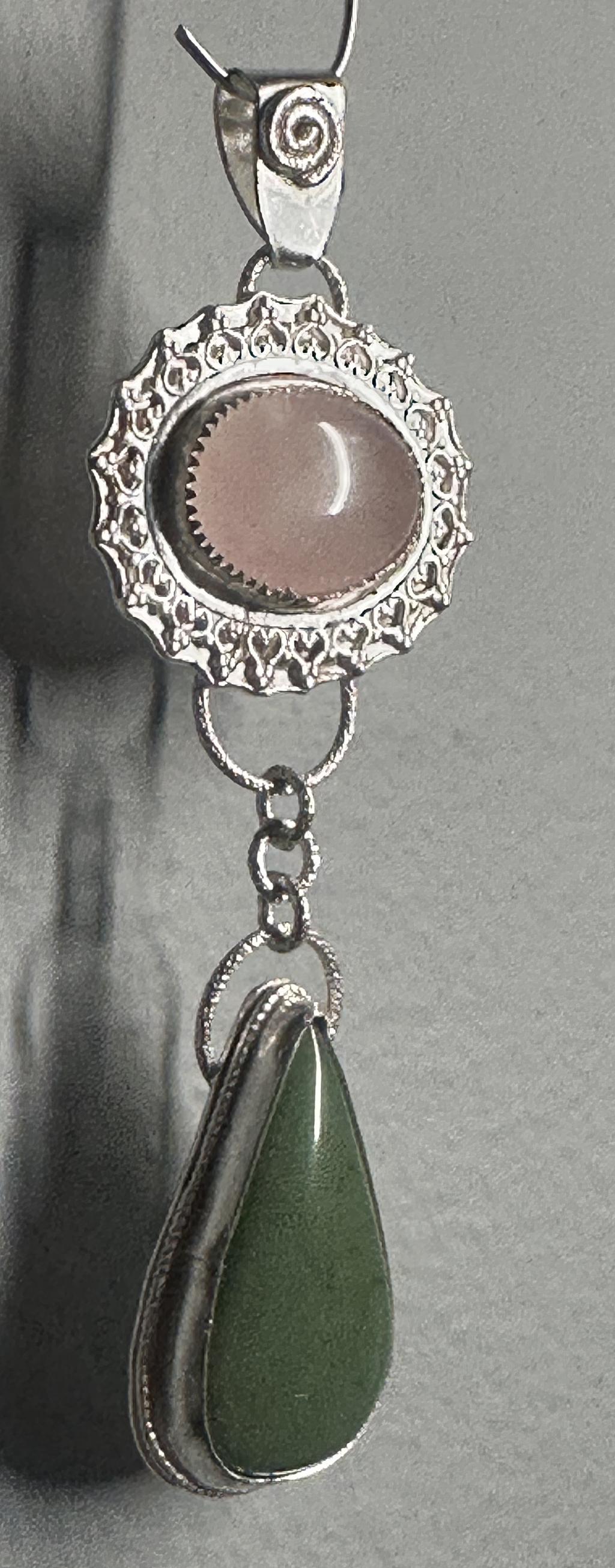 Rose Quartz & Green Jade Flower Dangle Pendant in Sterling & Fine Silver for love, harmony and good fortune.