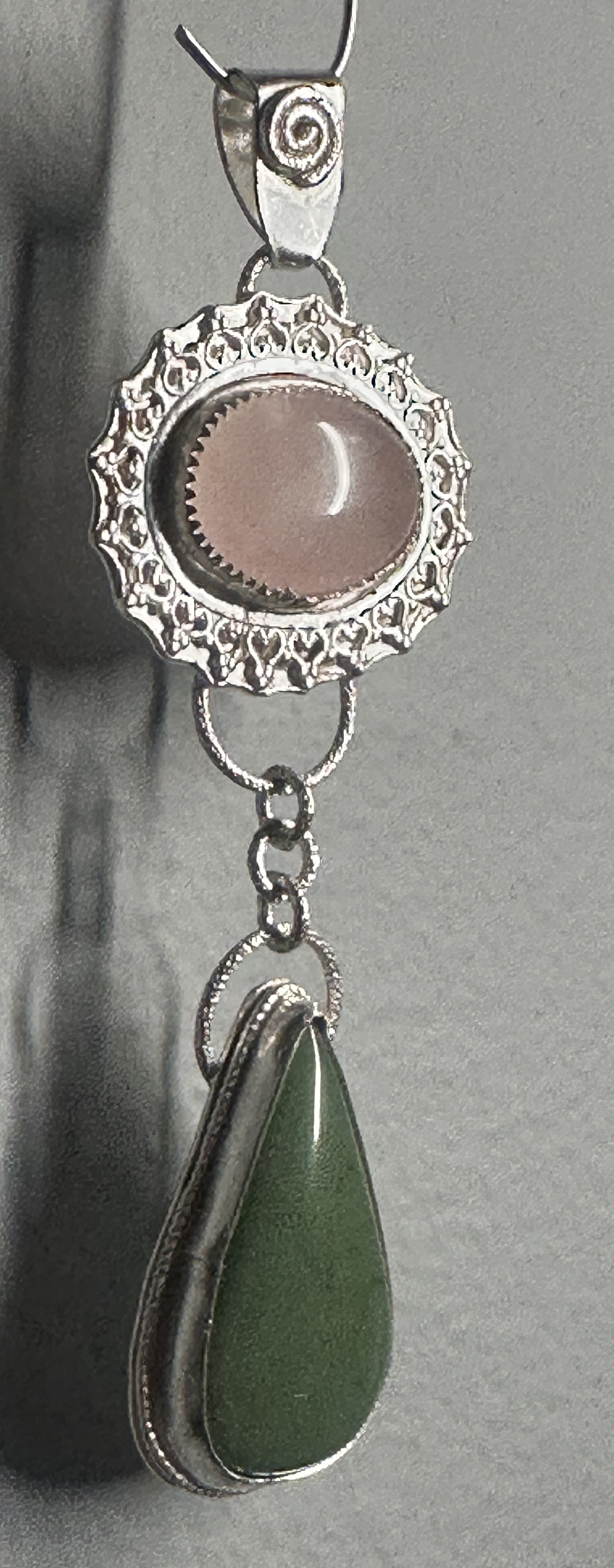 Rose Quartz & Green Jade Flower Dangle Pendant in Sterling & Fine Silver for love, harmony and good fortune.
