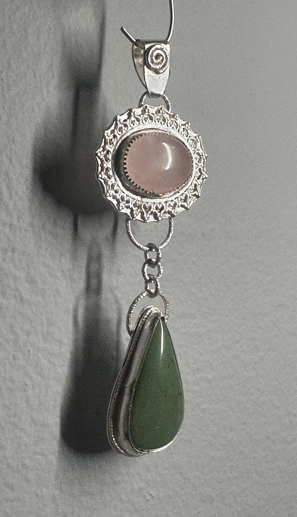 Rose Quartz & Green Jade Flower Dangle Pendant in Sterling & Fine Silver for love, harmony and good fortune.
