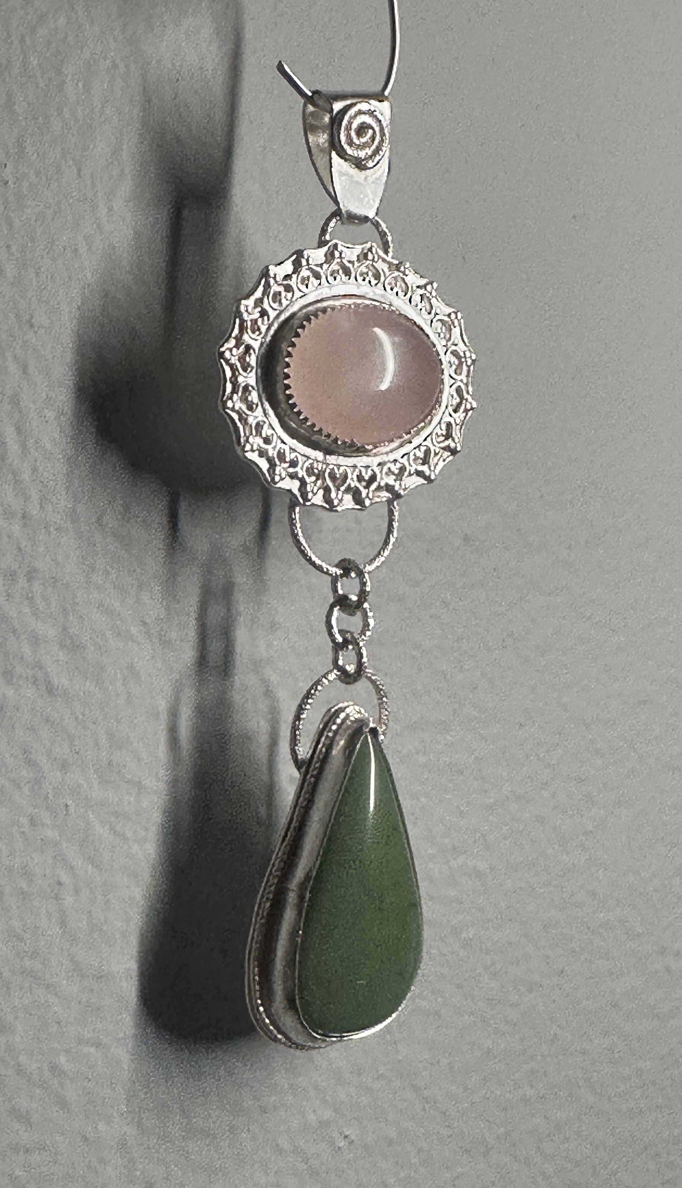 Rose Quartz & Green Jade Flower Dangle Pendant in Sterling & Fine Silver for love, harmony and good fortune.