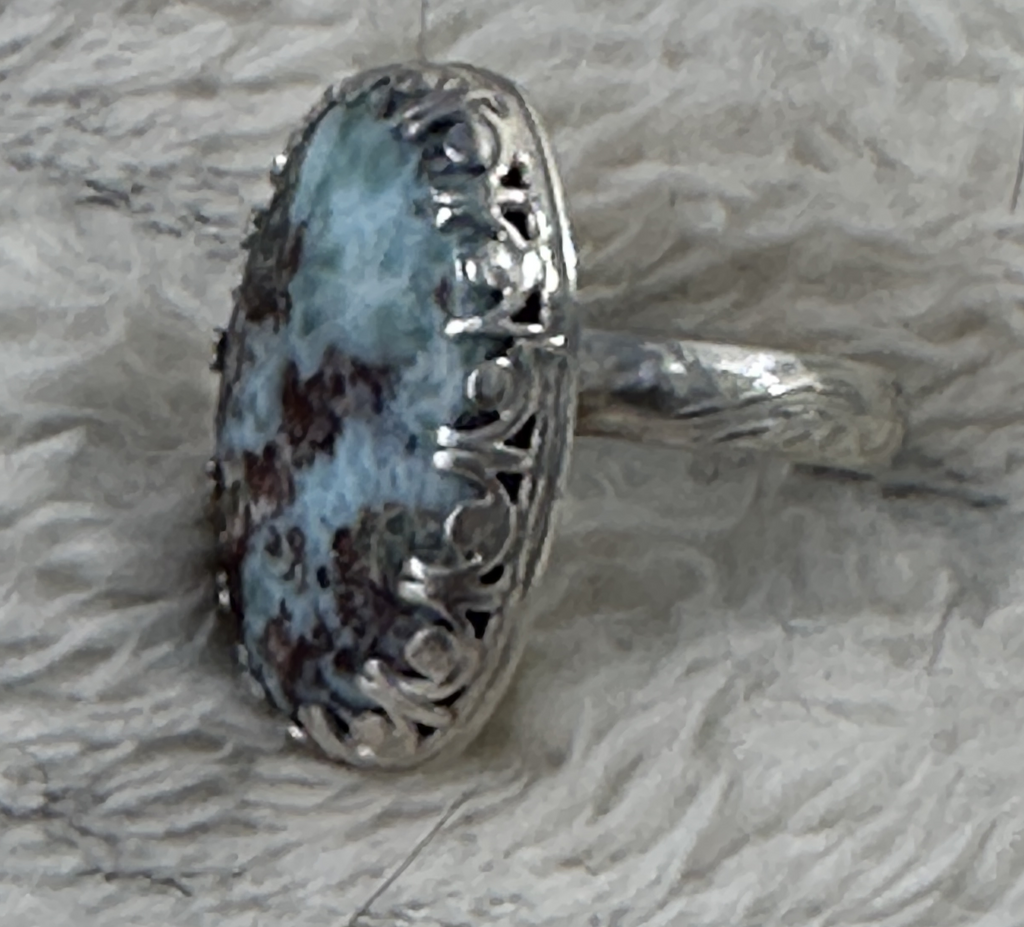 Natural Larimar Gemstone Oval Statement Ring in Sterling Silver Size 9.5 for inner peace and to soothe anxiety