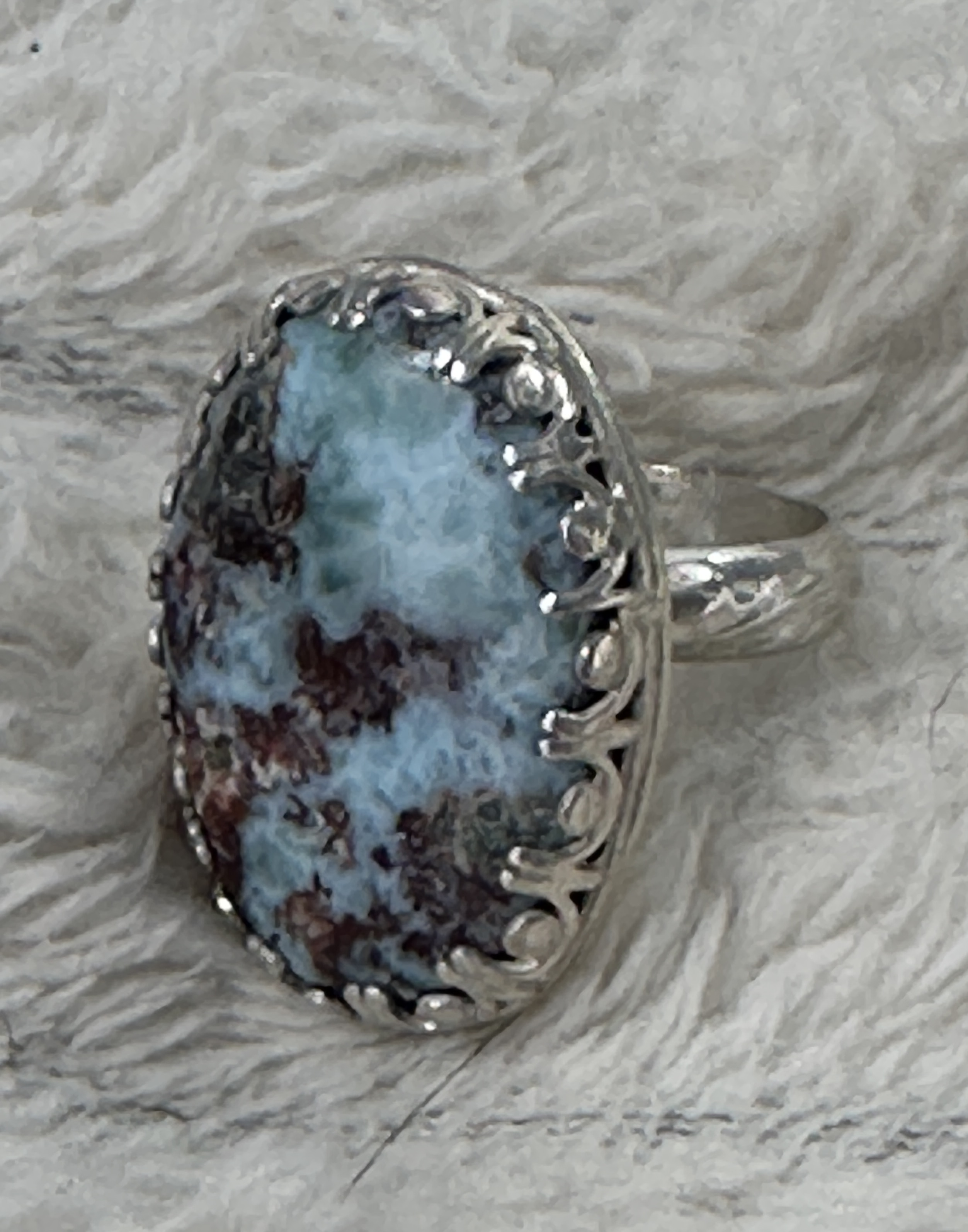 Natural Larimar Gemstone Oval Statement Ring in Sterling Silver Size 9.5 for inner peace and to soothe anxiety