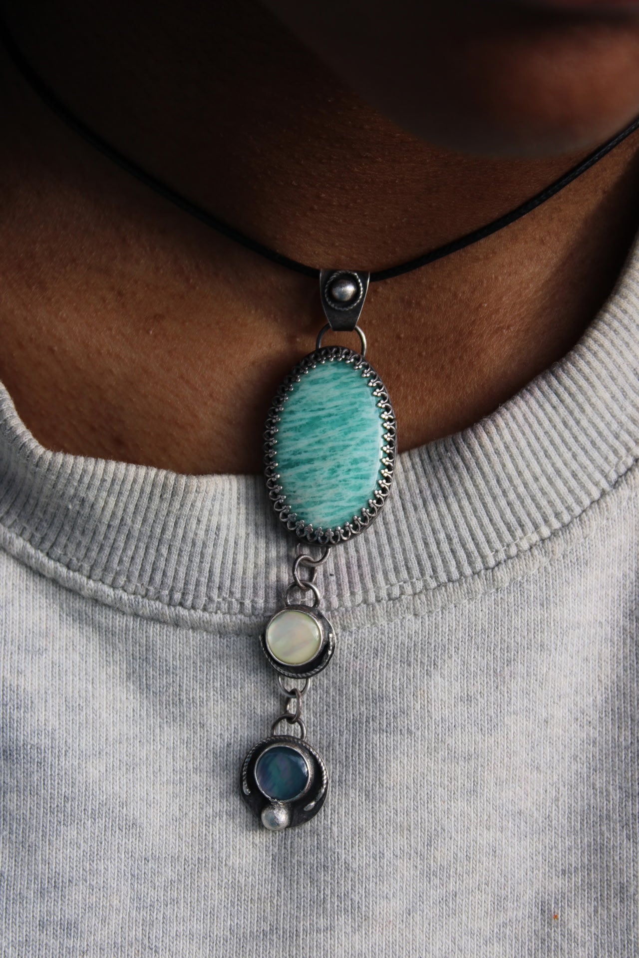 Amazonite & Abalone Oxidized Sterling & Fine Silver Artisan Dangle Pendant (One-of-a-kind) for truth, courage and healing.
