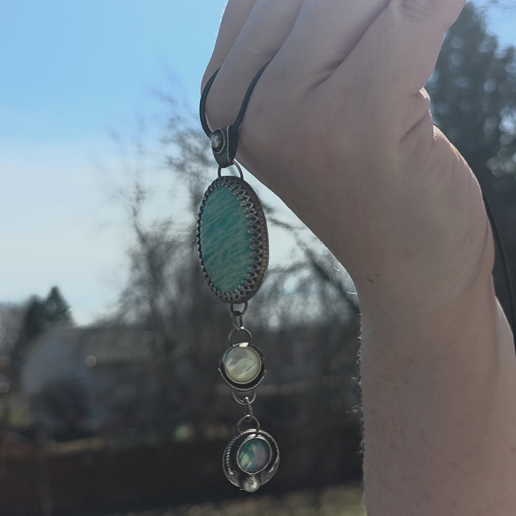 Amazonite & Abalone Oxidized Sterling & Fine Silver Artisan Dangle Pendant (One-of-a-kind) for truth, courage and healing.