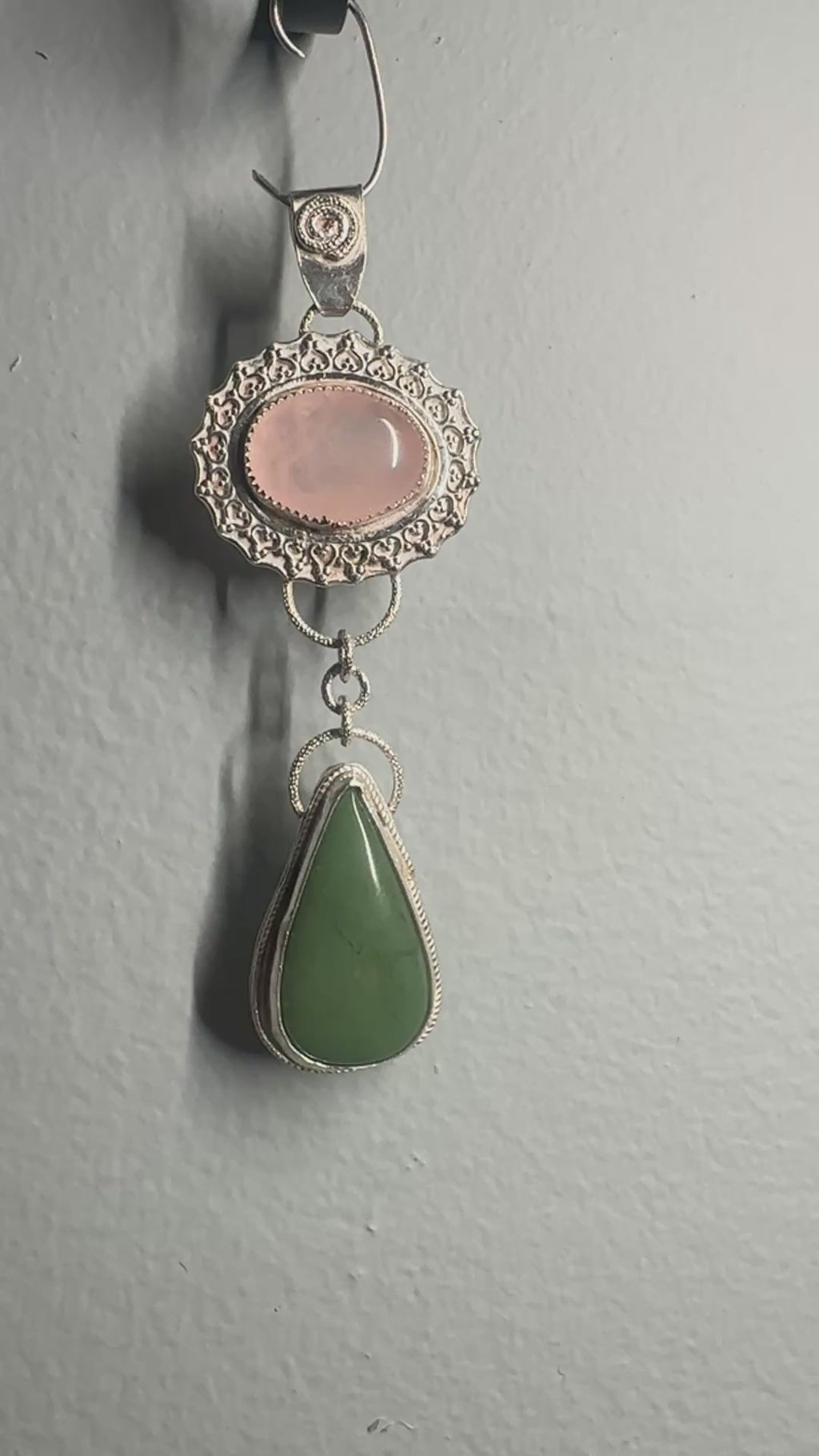 Rose Quartz & Green Jade Flower Dangle Pendant in Sterling & Fine Silver for love, harmony and good fortune.