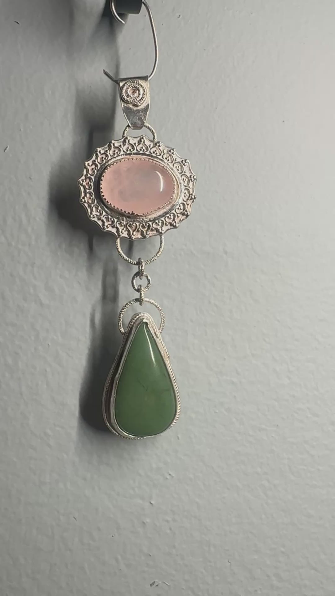 Rose Quartz & Green Jade Flower Dangle Pendant in Sterling & Fine Silver for love, harmony and good fortune.