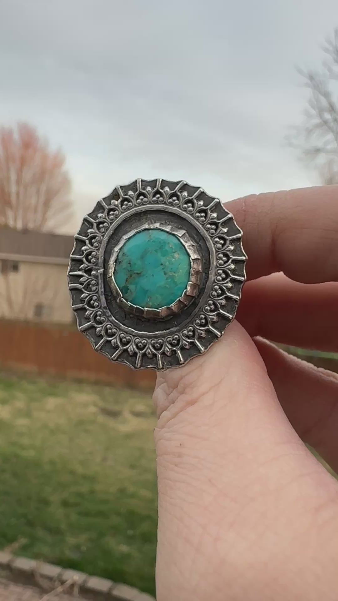 Mohave Turquoise Statement Ring with Tri Split Band in Sterling & Fine Silver - Size 8.5 - One of a Kind - for Protection and Alignment