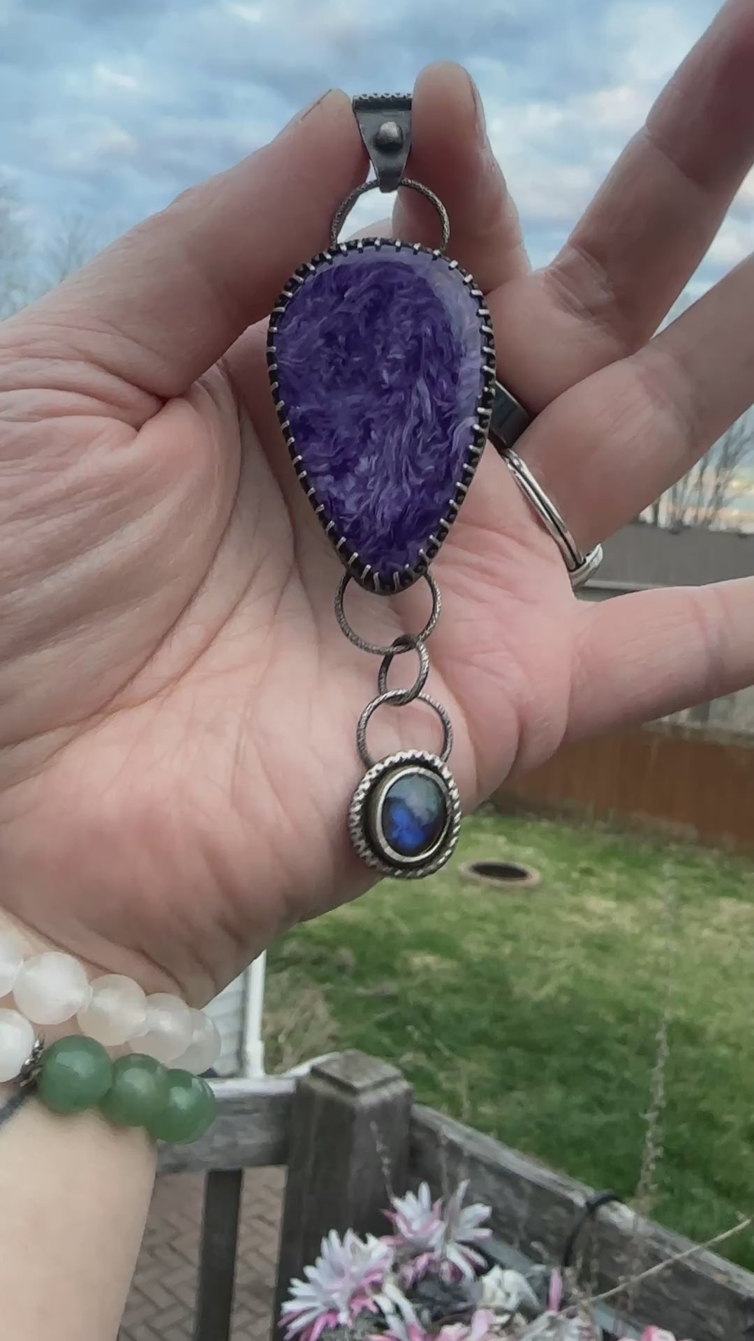 Charoite and Labradorite Sterling & Fine Silver Dangle Artisan Statement Pendant - One-of-a-kind for courage and intuition.