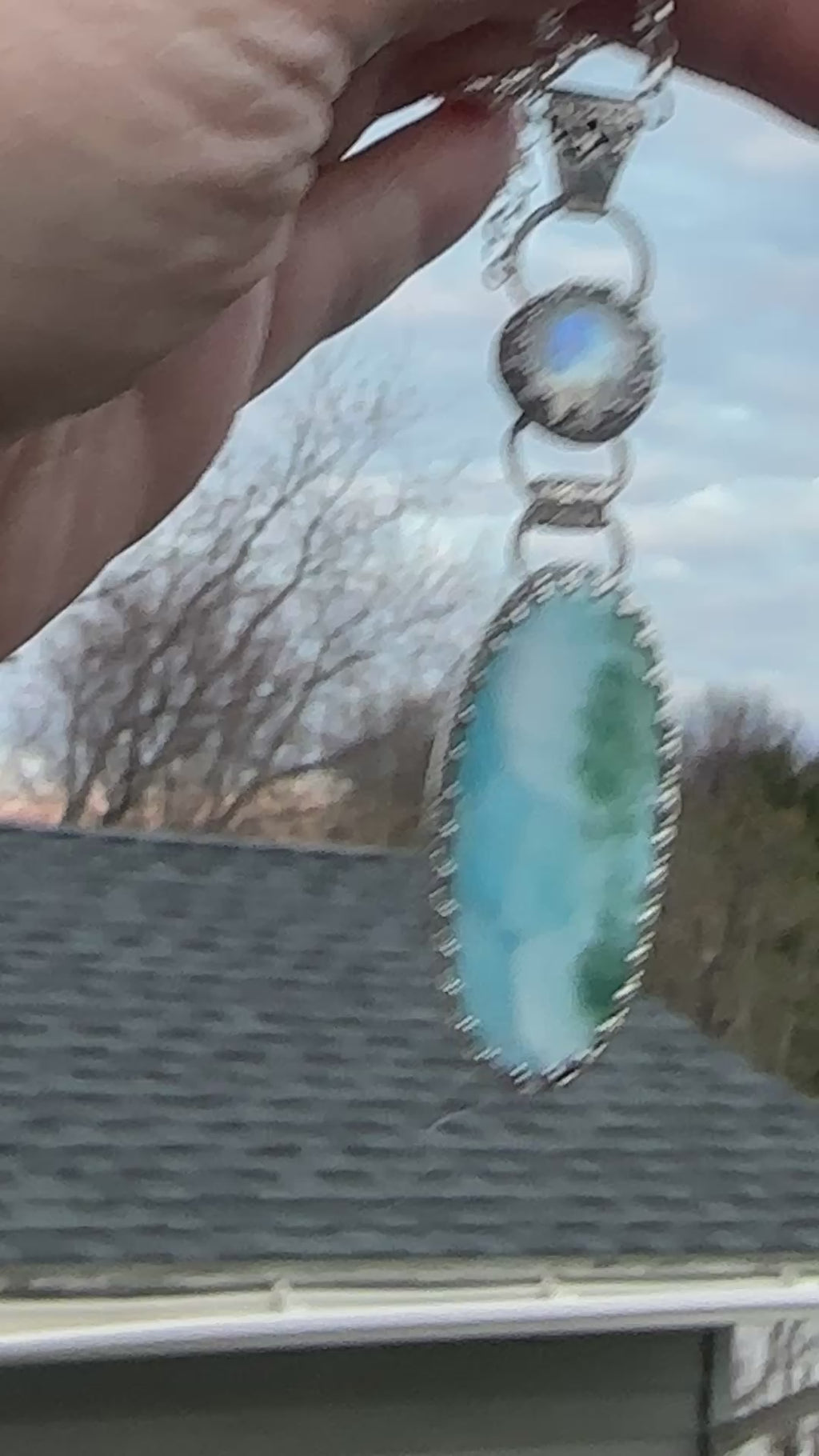 Larimar and Rainbow Moonstone Dangle Pendant in Sterling and Fine Silver, for Calm, Clarity and Emotional Ease