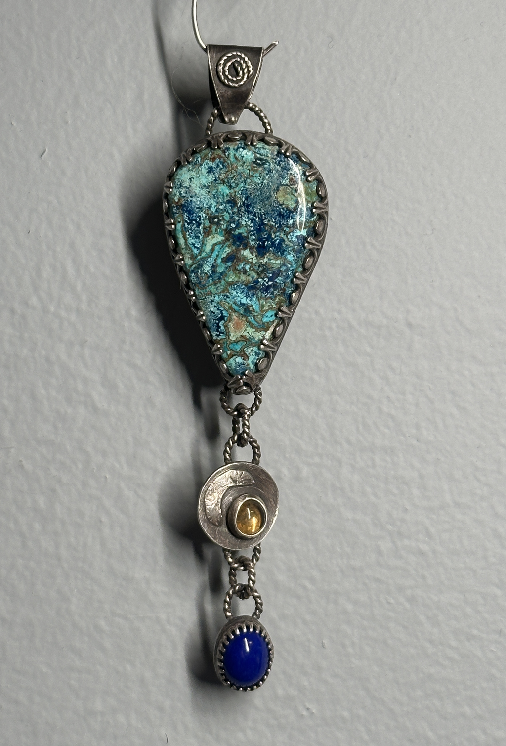 Shattuckite, Golden Citrine & Lapis Lazuli Sterling & Fine Silver Antiqued Artisan Dangle Pendant for intuition, abundance and clarity