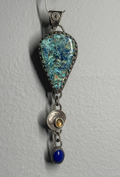 Shattuckite, Golden Citrine & Lapis Lazuli Sterling & Fine Silver Antiqued Artisan Dangle Pendant for intuition, abundance and clarity
