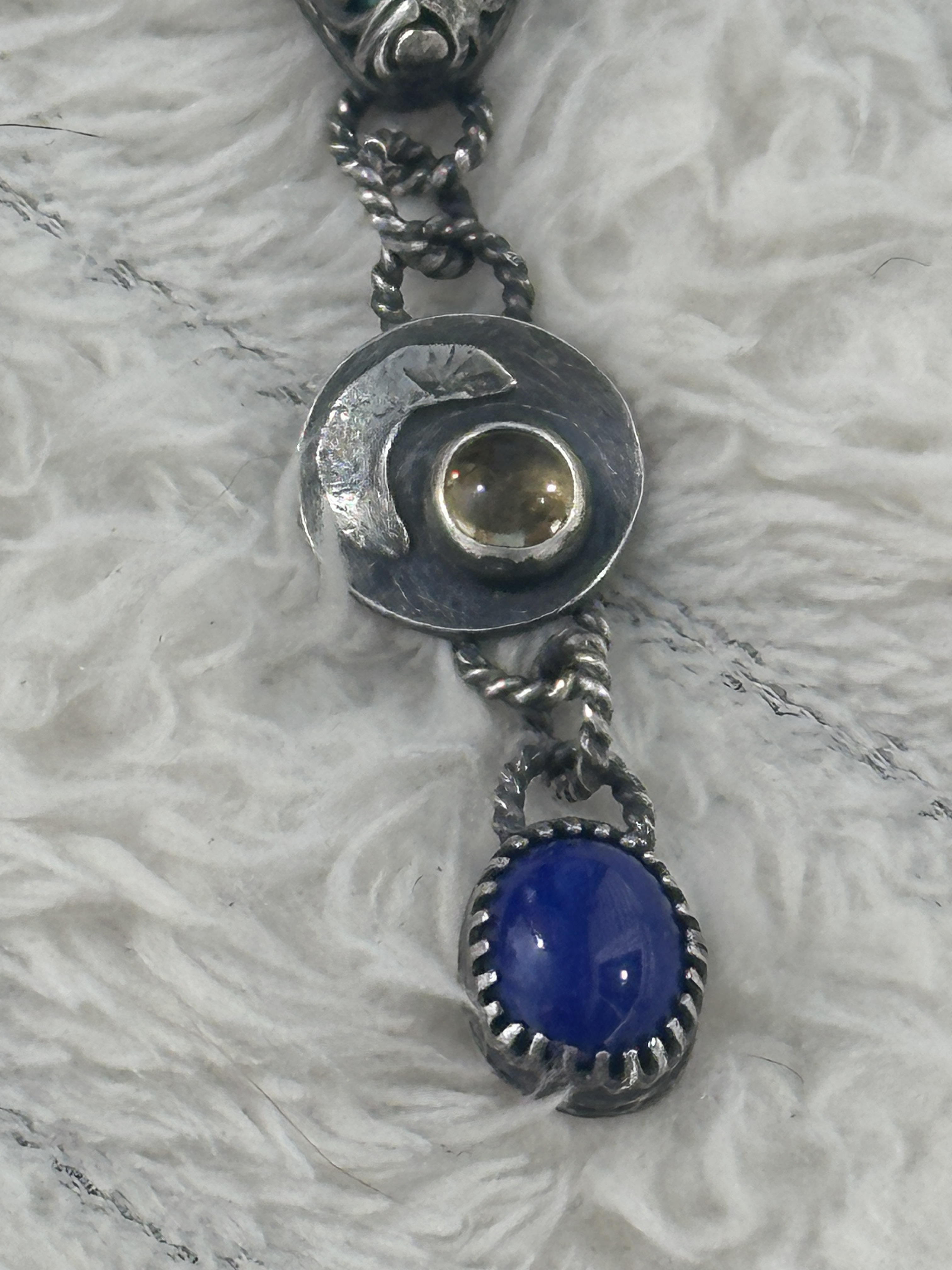 Shattuckite, Golden Citrine & Lapis Lazuli Sterling & Fine Silver Antiqued Artisan Dangle Pendant for intuition, abundance and clarity