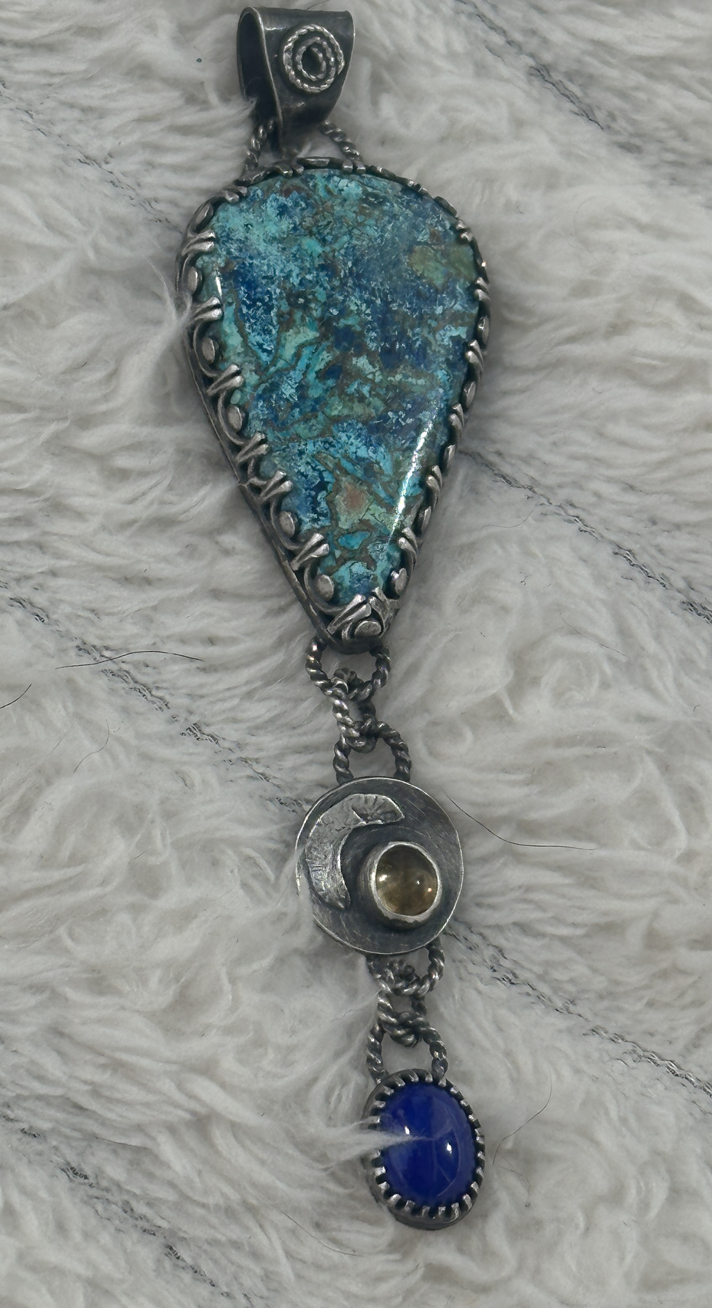 Shattuckite, Golden Citrine & Lapis Lazuli Sterling & Fine Silver Antiqued Artisan Dangle Pendant for intuition, abundance and clarity