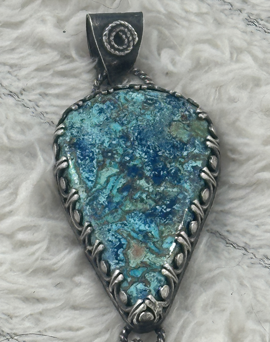 Shattuckite, Golden Citrine & Lapis Lazuli Sterling & Fine Silver Antiqued Artisan Dangle Pendant for intuition, abundance and clarity