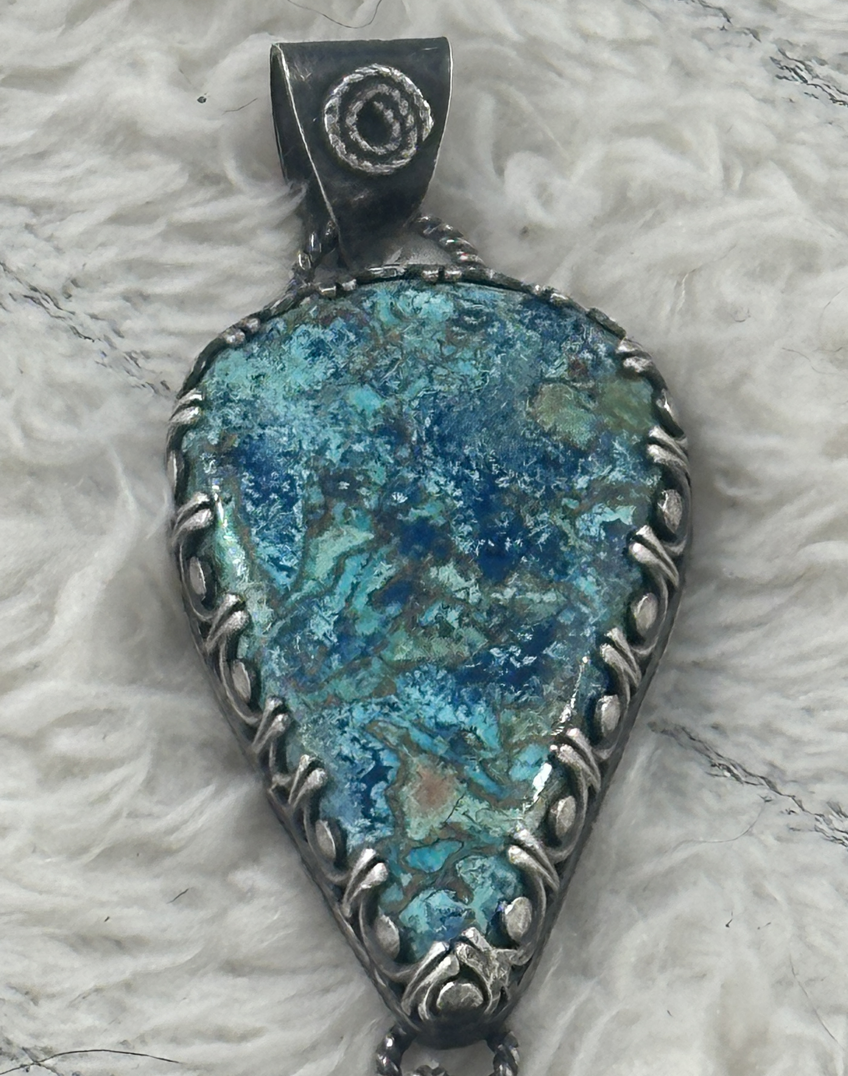 Shattuckite, Golden Citrine & Lapis Lazuli Sterling & Fine Silver Antiqued Artisan Dangle Pendant for intuition, abundance and clarity
