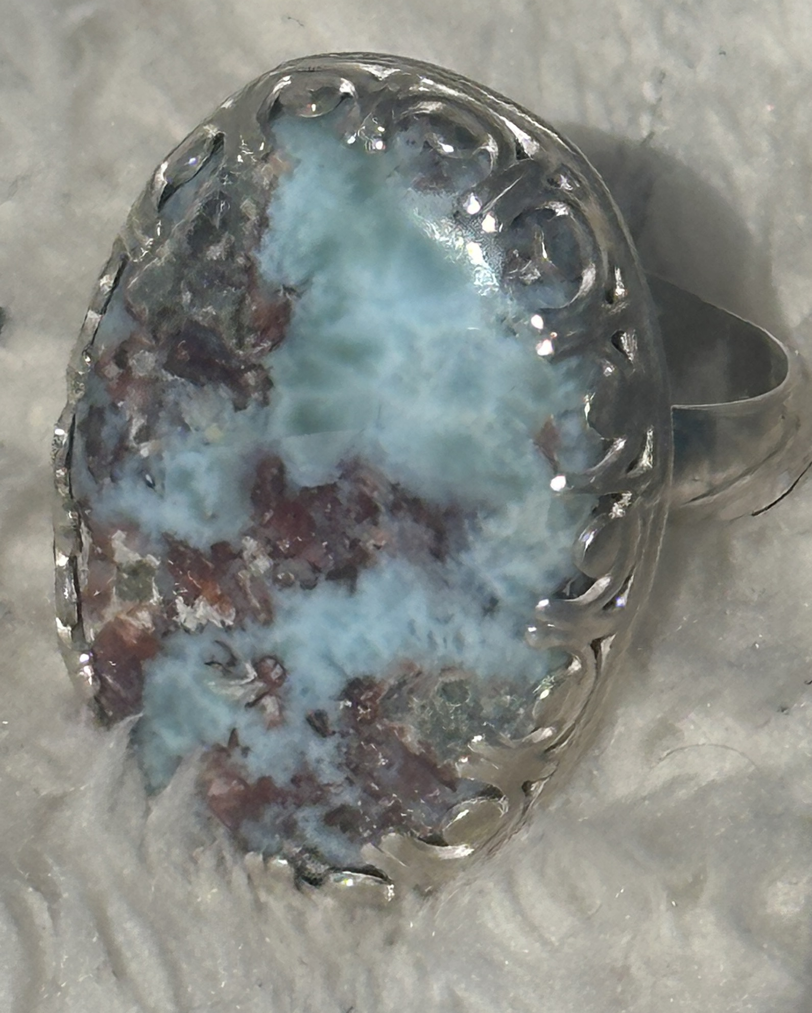 Natural Larimar Gemstone Oval Statement Ring in Sterling Silver Size 9.5 for inner peace and to soothe anxiety
