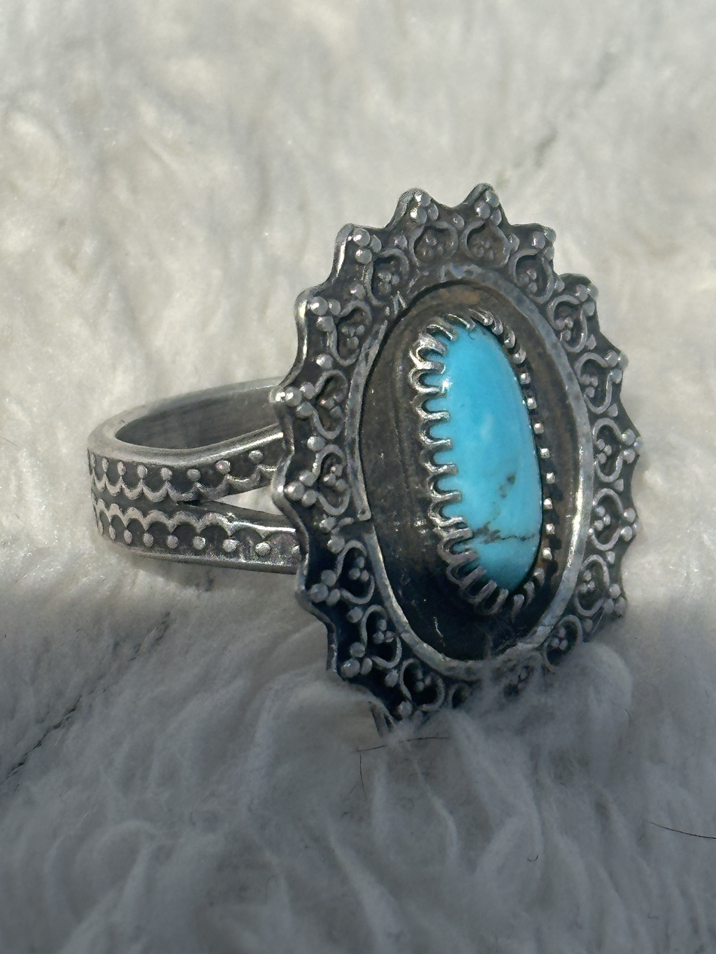 Kingman Turquoise Sterling and Fine Silver Flower Sunburst Statement Ring Size 7.5 | Oxidized Artisan Statement Ring | Handcrafted Boho Crystal Ring for peace, calm, protection and wisdom.